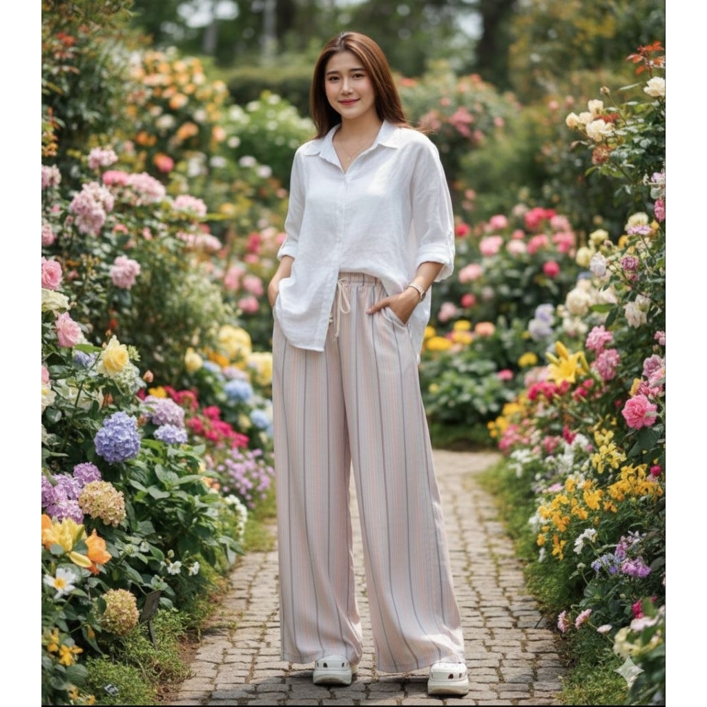 Celana Panjang Wanita Highwaist - Pinggang Karet, Saku Praktis, Pola Garis-garis