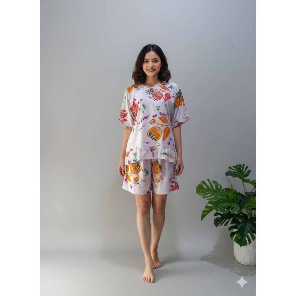 BRS - Setelan Pendek Batik Cap Motif White Sunan Rayon Premium Pekalongan, Adem, Kekinian, Wanita, t