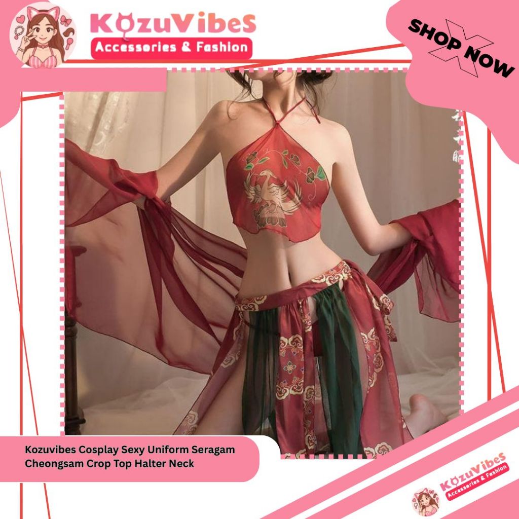 Kozuvibes Cosplay Sexy Uniform Seragam Cheongsam Crop Top Halter Neck
