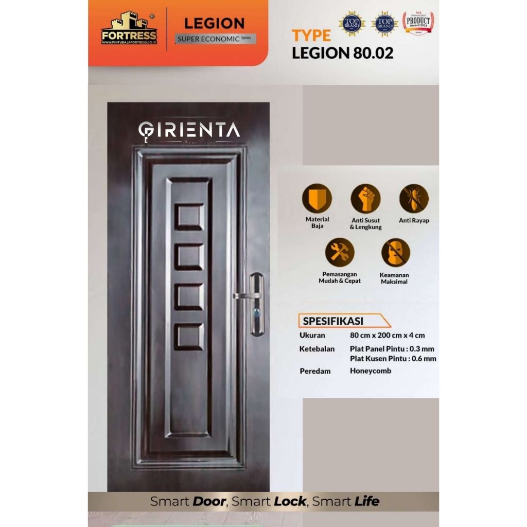 Pintu Rumah Baja Fortress 80x210cm Anti Rayap, Anti Cuaca, Kokoh  (Fullset Kusen Handle) PENGIRIMAN 