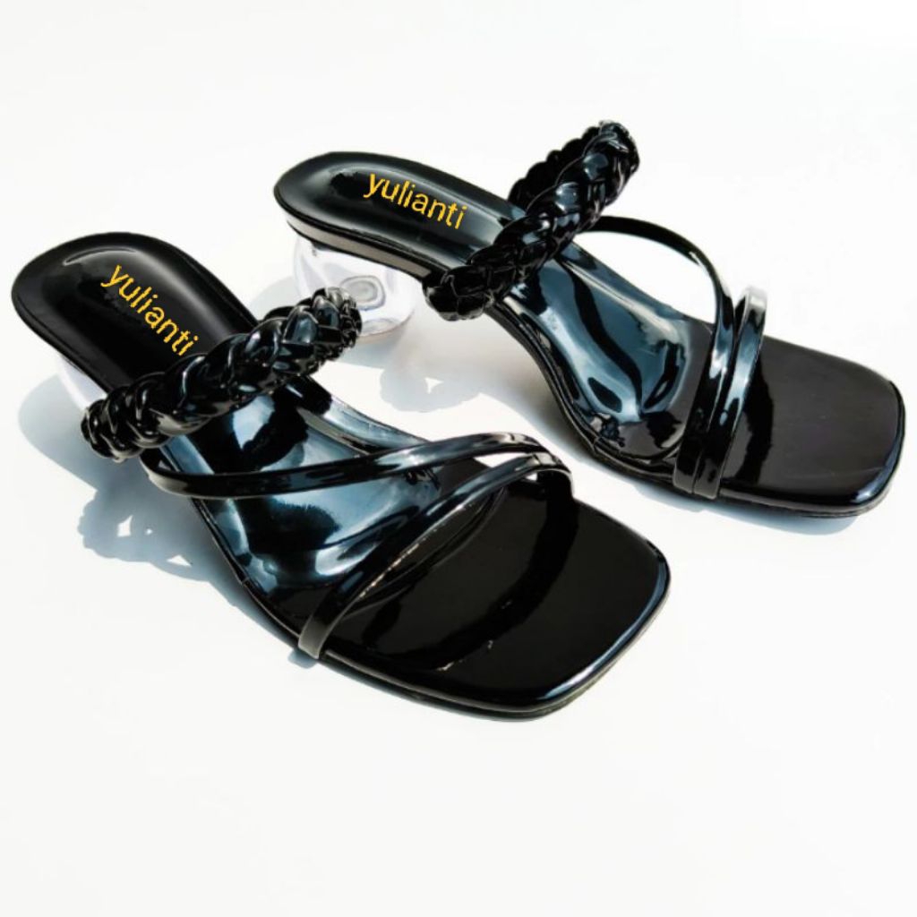 Sandal heels wanita hak kaca bulat 4cm tali kepang