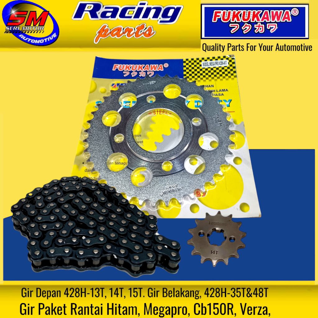Gear Set Paket Racing (Rantai Hitam) Megapro, Cb150R, Cbr150R, Verza 428-13,14,15, 35T&48T Fukukawa