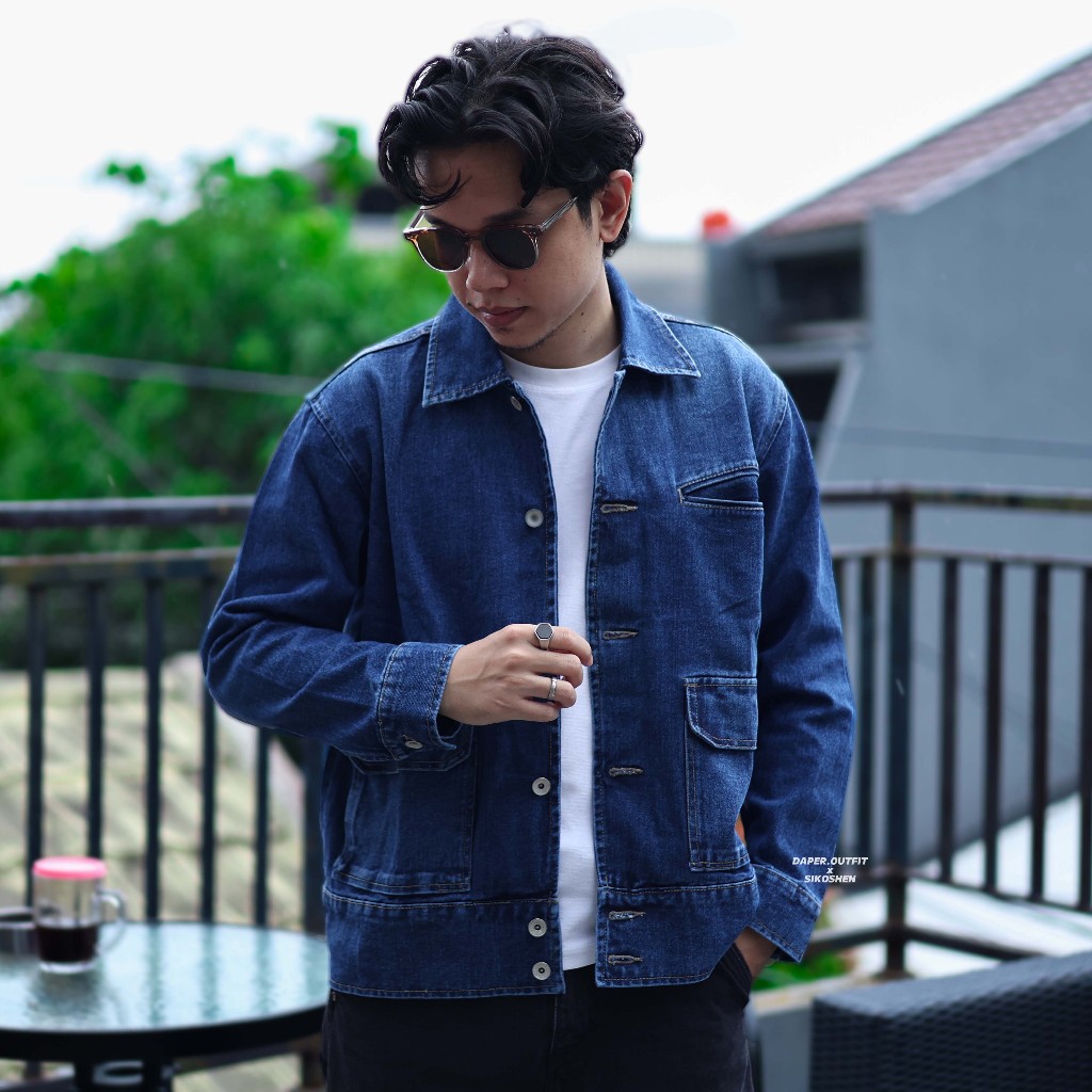 Tony Jack Work Jacket Denim Series - Jaket Jeans Boxy Fit Dark Blue