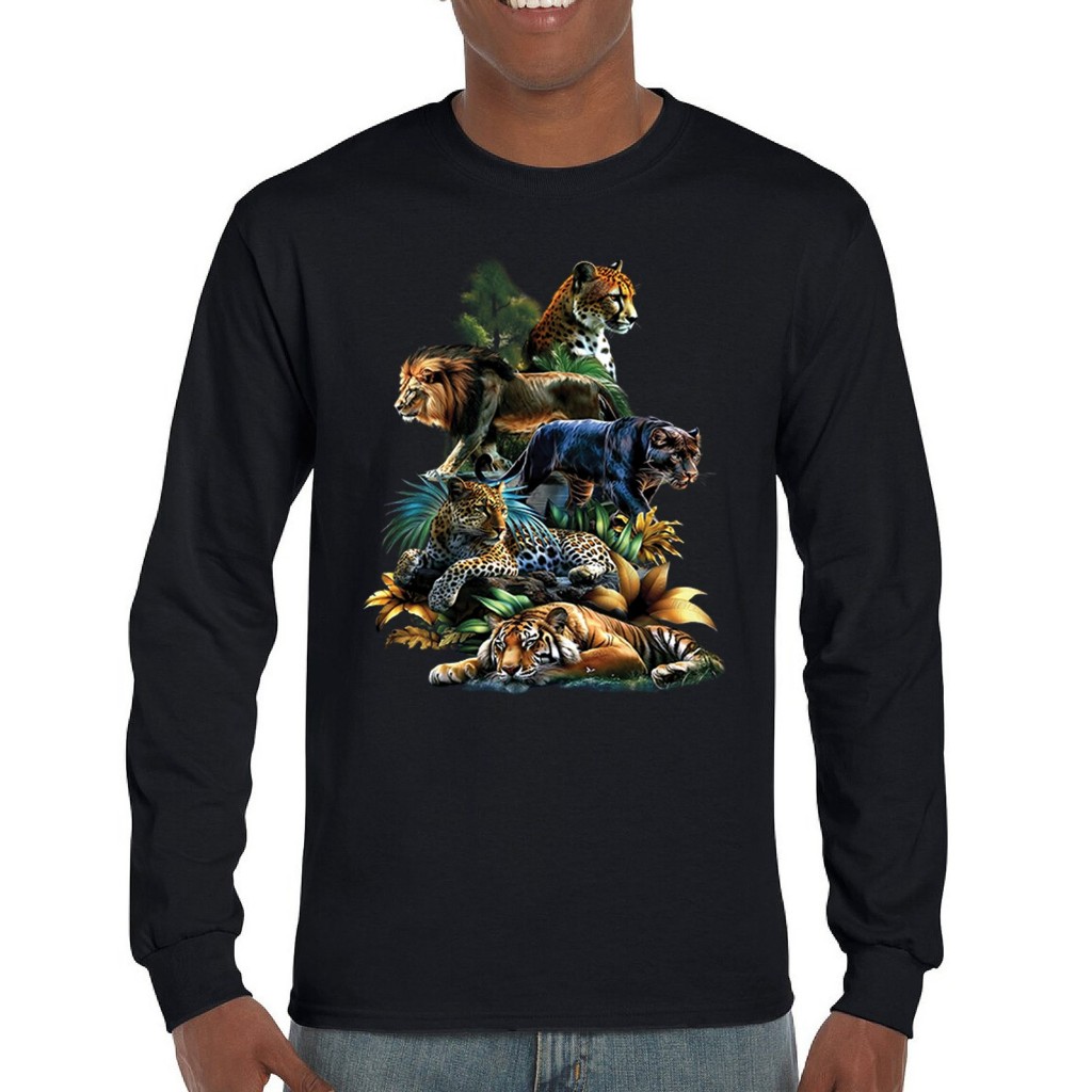 Kaos Lengan Panjang Kolase Hutan Kucing Besar – Tema Singa, Harimau, Macan Tutul, Jaguar