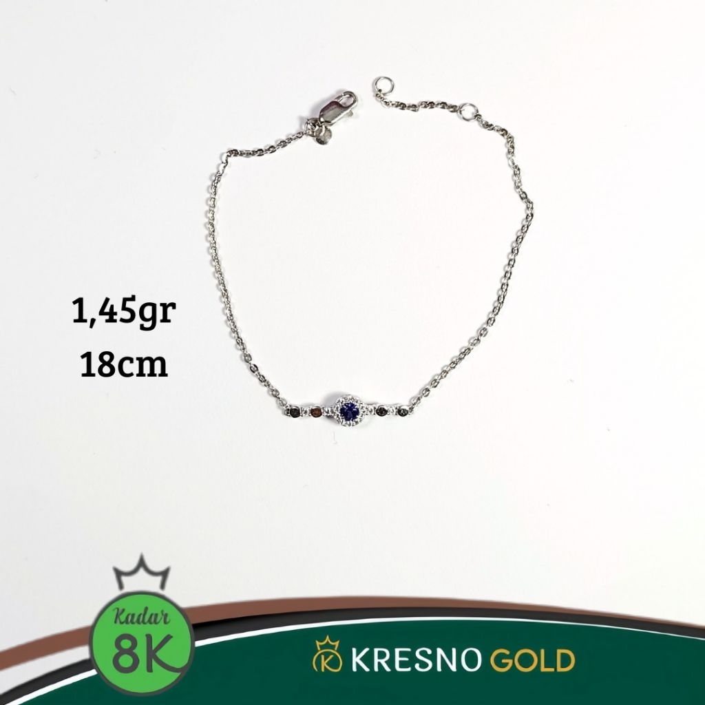 Gelang serut emas muda putih model plat permata biru terbaru kadar 8k