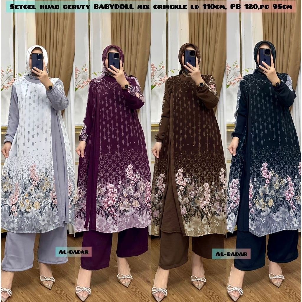 Setelan Long Tunik Bahan Ceruty Mix Kringkel Ld 110 Cm Pb 125 Cm Pc 90 Cm