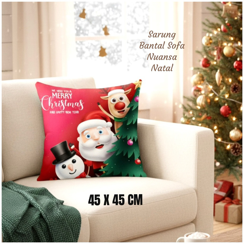TANPA BANTAL Sarung 45 X 45 Sarung Bantal Sofa Nuansa Natal TRIO KARTUN Christmas decoration depan b