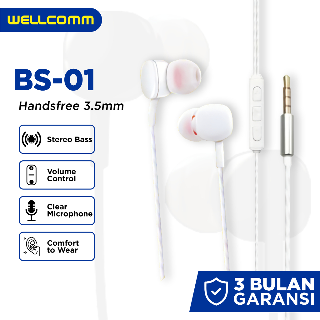 Wellcomm Handsfree Head set Earphone Extra Bass BS-01 3.5mm Jack Stereo with Volume Control