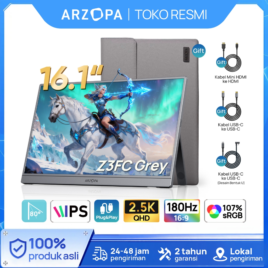 (Official Store) ARZOPA Monitor Portabel 16.1'' 180Hz - Z3FC Abu-abu, 107% sRGB 2.5K dengan Kickstan