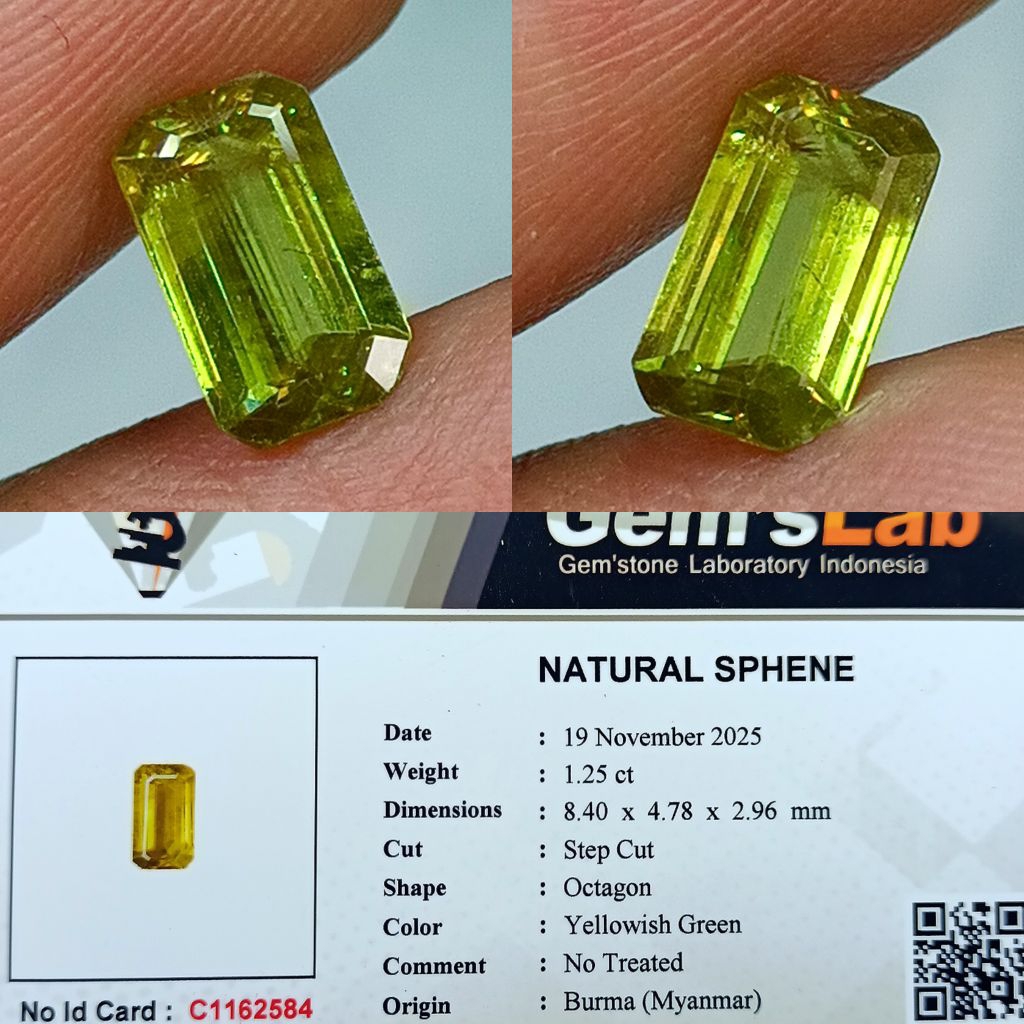 NATURAL SPHENE BURMA OCTAGON YELLOWISH GREEN MEMO GLI