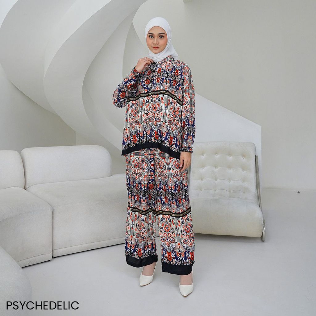 Setelan One Set Rayon Kemeja Wanita Muslim Tangan Panjang Celana Panjang / One Set Kemeja Motif Aure