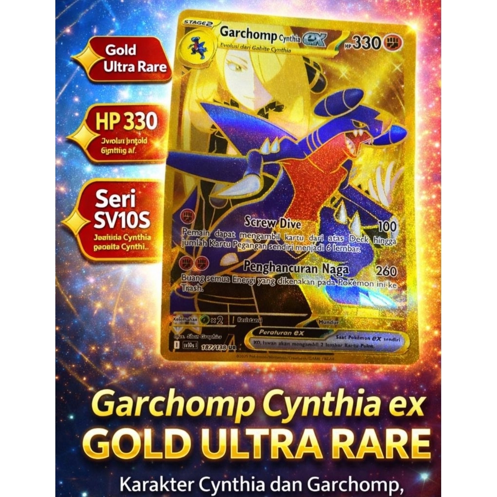 Garchomp Cynthia ex Gold Ultra Rare, kartu Pokémon Fighting HP330, seri SV10S, karakter Cynthia dan 