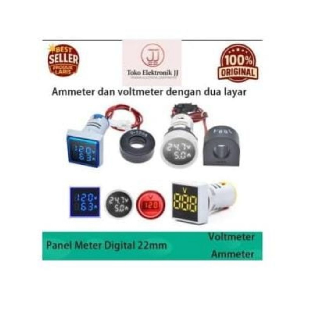 Panel meter Digital 22mm  Volt +Ampere AD16-22 AC 30-500V/ 0-100 Bulat & kotak