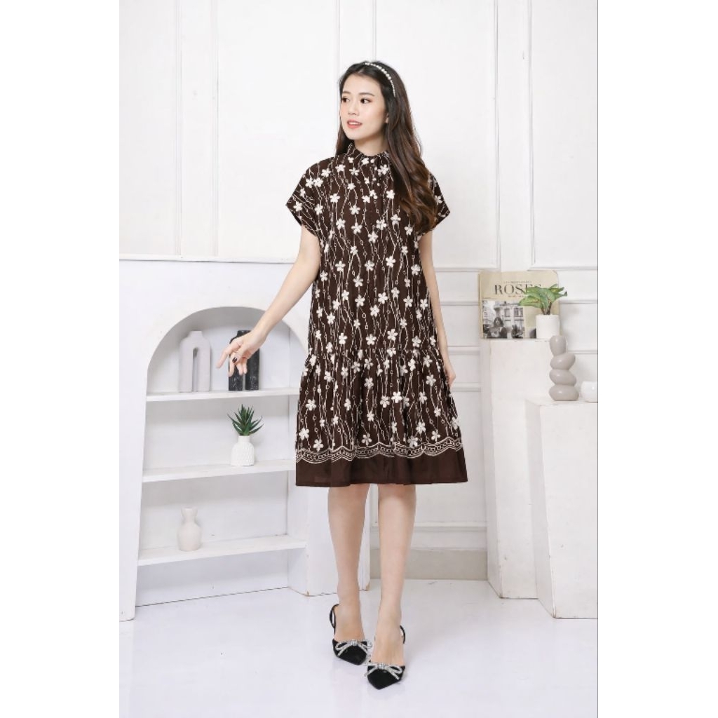 Beth & Ron Dress Coklat Tua/Dark Brown Kekinian Wanita Casual A-Line Motif Bunga Bordir Premium imle