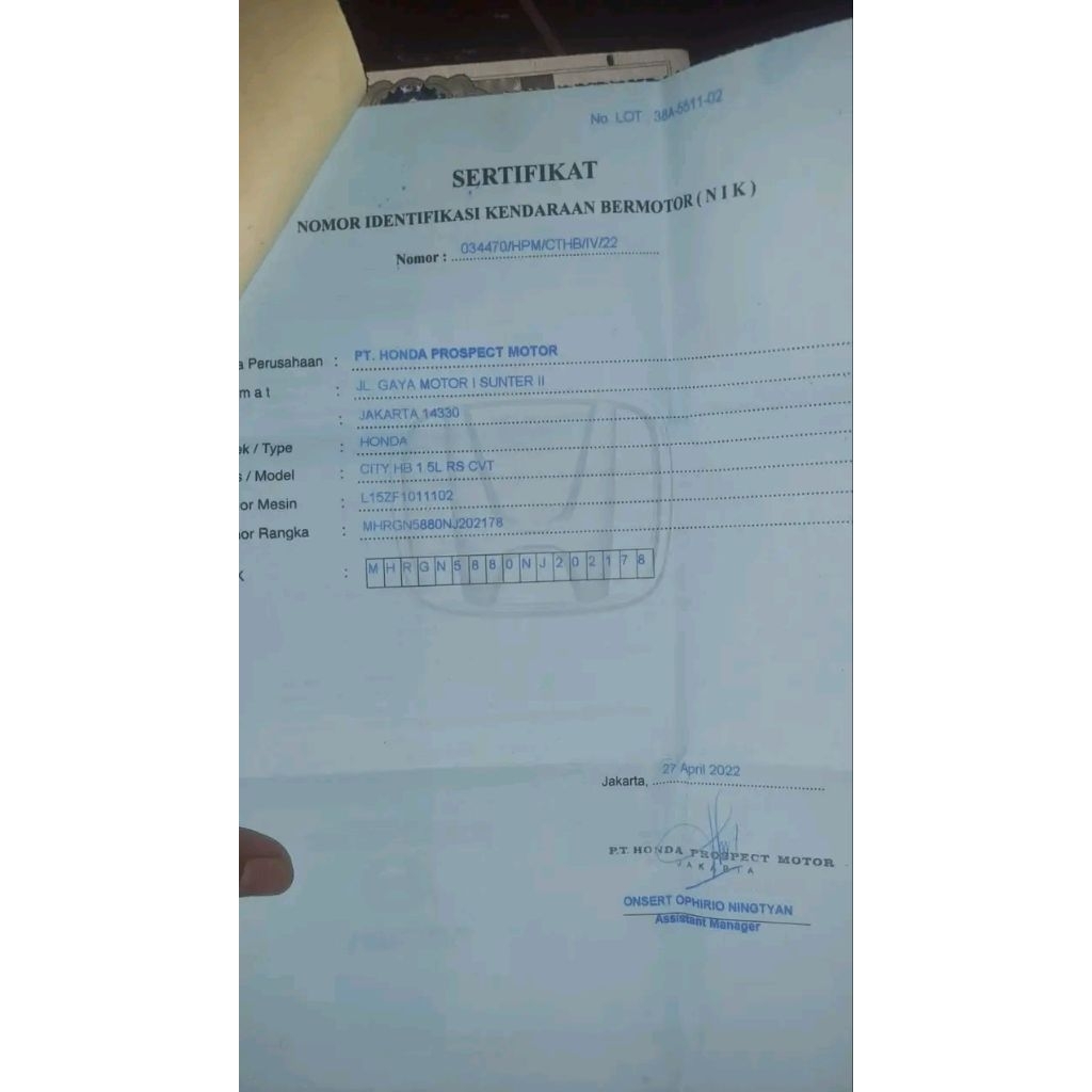 FAKTUR & SERTIFIKAT MOBIL HONDA