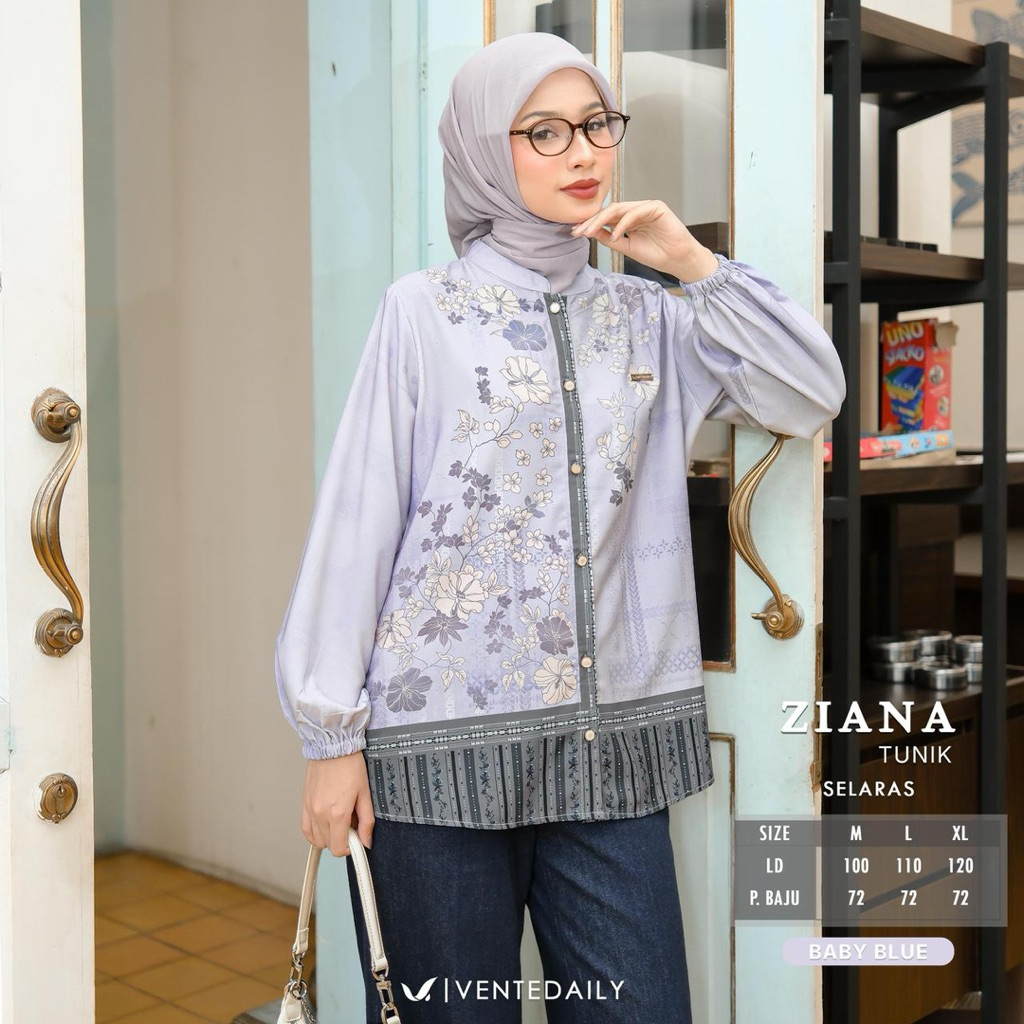 Tunik Ziana Selaras Original VENTEDAILY Tunik Muslimah Lengan Balon Motif Bunga Floral Premium Tunik