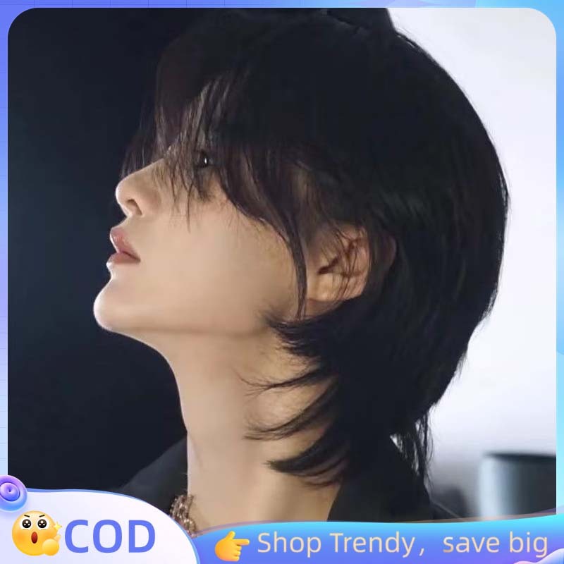 Wig Mullet Pria Wig Mullet Wig Pria Mullet Panjang Jepang Netral Wig Wolf Cut Pria