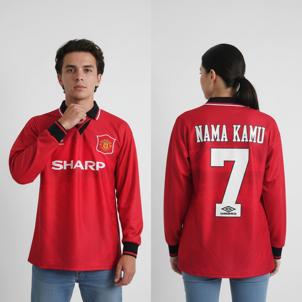 Jersey Retro LongSleve Mnchstr Untd Home 1994 1995 1996 Long Sleeve LS Lengan Panjang Sharp Baju Bol
