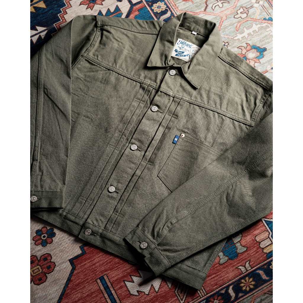 Mihane Jeans - Jacket Pria Denim Selvedge - EXT Type I 13.5oz Unsanforized Olive Twill Red Line Selv