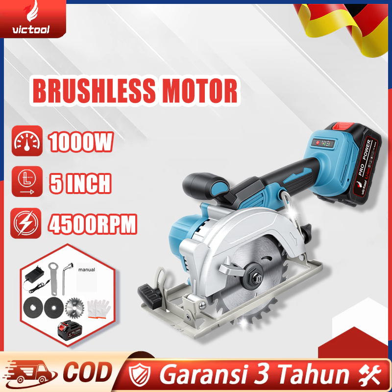 VICTOOL1000W mesin gergaji circular saw brushless circle potong kayu cordless baterai 5" murah laris