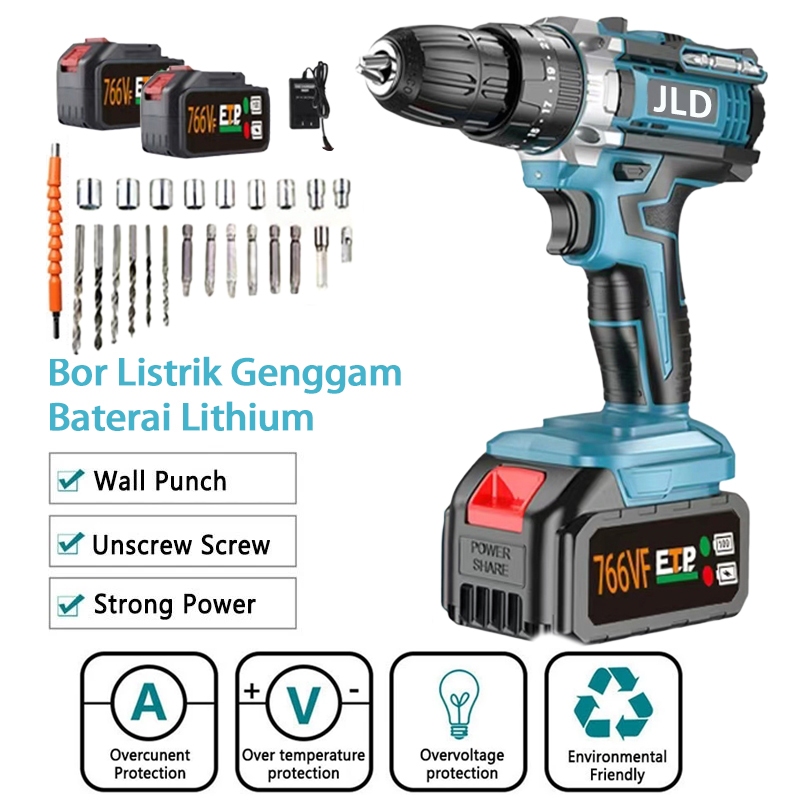 Jld 766V Mesin Bor Baterai Tangan Cordless Cordless Electric Drill-Dua Baterai Impact Drill Cordless