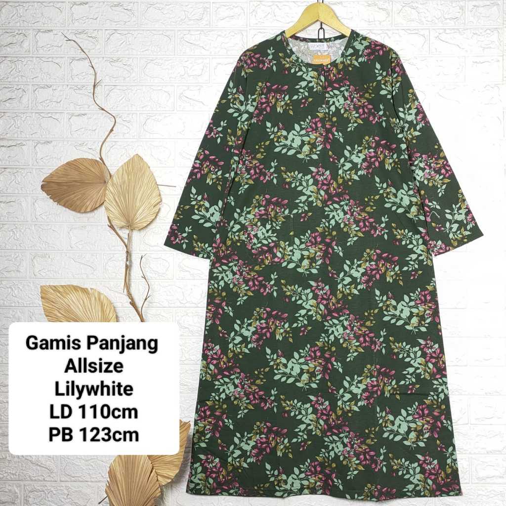 Gamis Lengan Panjang Bahan Kaos Motif Bunga Eksklusif Lily White