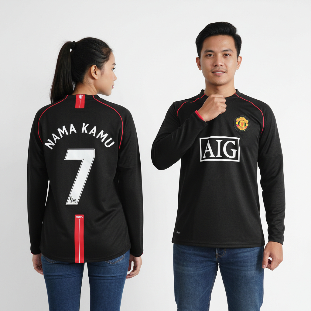 Jersey Retro LongSleve Mnchstr Untd Away 2007 2008 Long Sleeve LS Lengan Panjang Baju Bola Hitam Vin