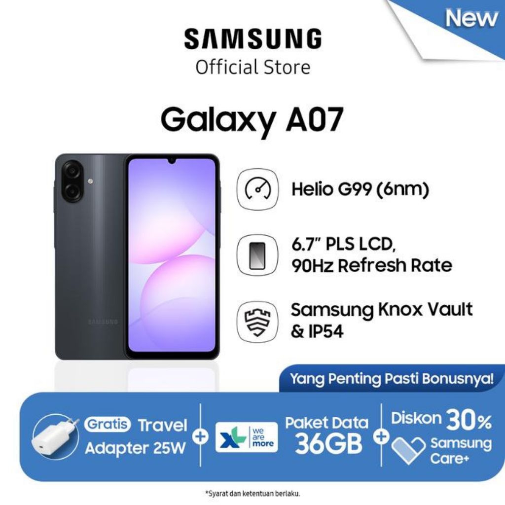 SAMSUNG A07-4/64Gb,Android 15, 5000MAh (25W),MediaTek Helio G99 (6nm)