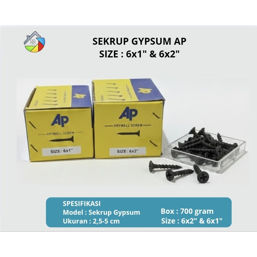 AP 1 Kotak Skrup Gypsum drywall 6x1, Sekrup Gypsum GRC AP 6x2 Box 700 Gr - Sekrup Baja Hitam 2,5-5 c