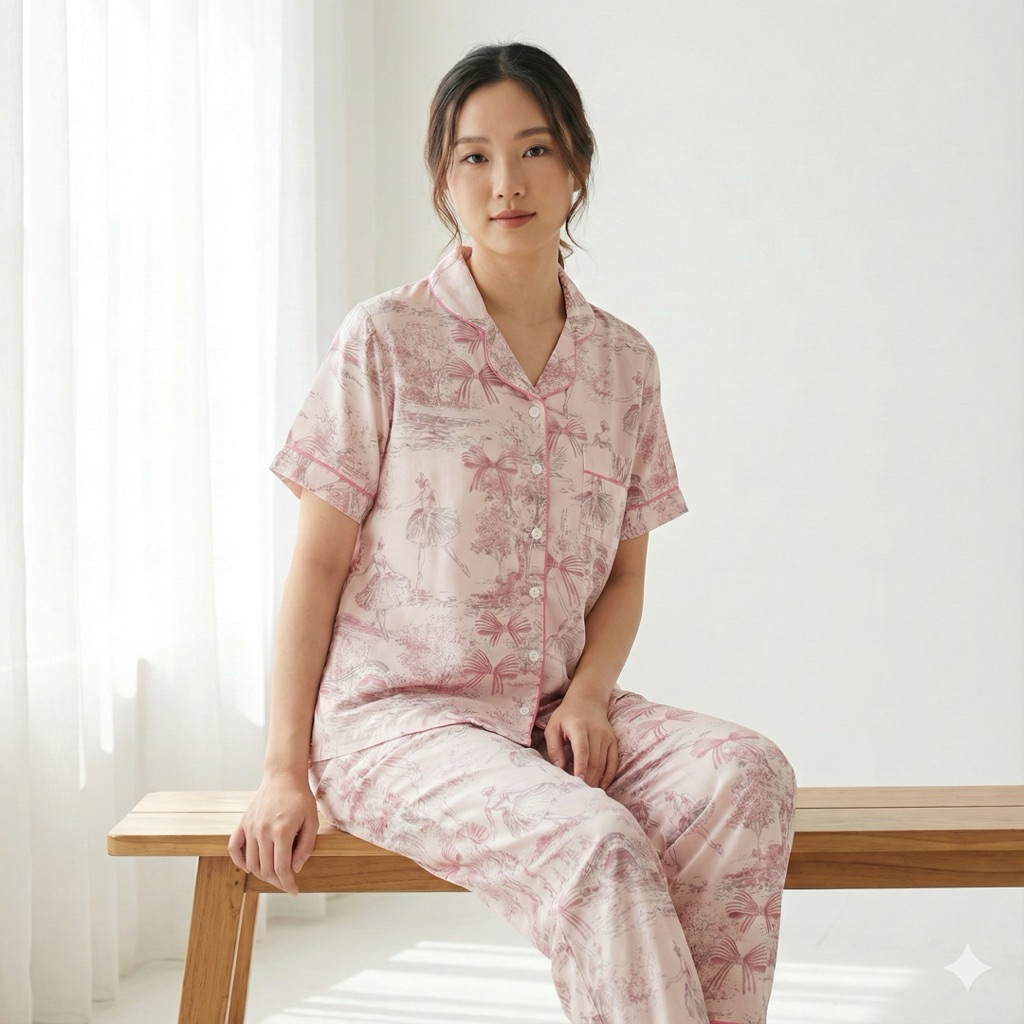 [ELLIE] PIYAMA RAYON PREMIUM MOTIF / CELANA PANJANG LENGAN PENDEK / CP BALERINA PINK