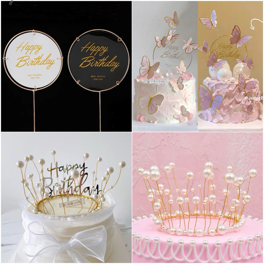 [1pc] TOPPER BIRTHDAY BESI AKRILIK BULAT / Topper Mahkota Mutiara HIASAN KUE TART MUTIARA / Topper c