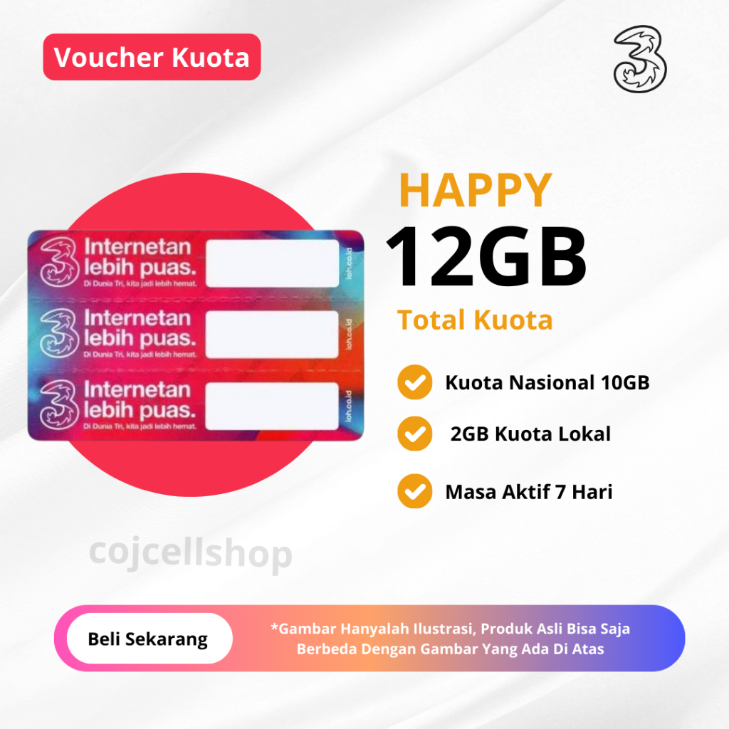 Voucher Kuota Tri Happy 12GB 7 Hari Full 24 JAM - Paket Data Tri Harian