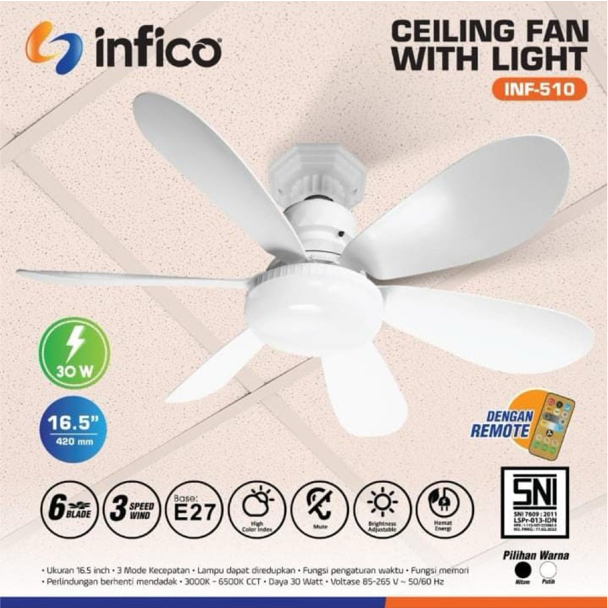 Ceiling Heli Fan + Lampu LED Kipas Angin INFICO INF-510 W/Remote 6 Blade 16” Kipas angin Plafon Lamp