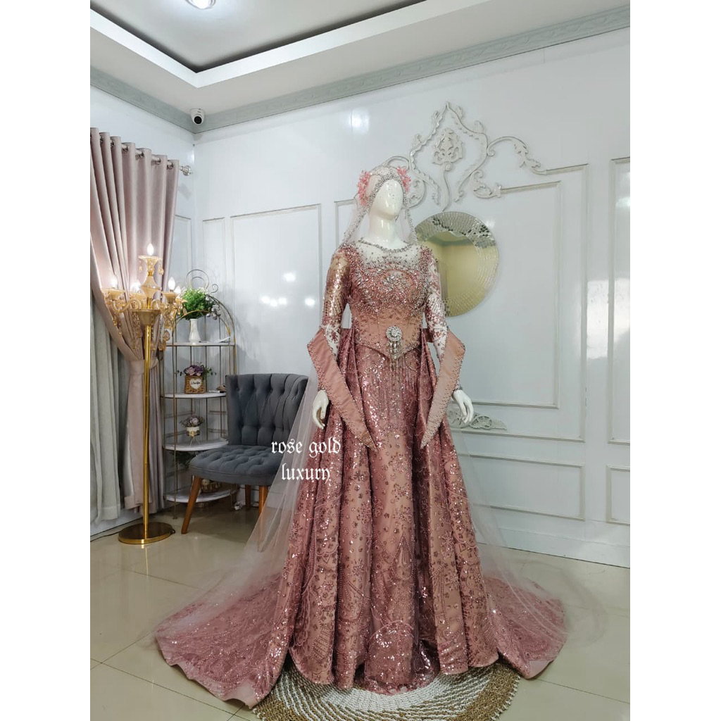 GAUN KEBAYA DRESS WEDDING BEREKOR | BAJU PENGANTIN MUSLIMAH | GAUN PAYET EKOR | GAUN SLIM BEREKOR