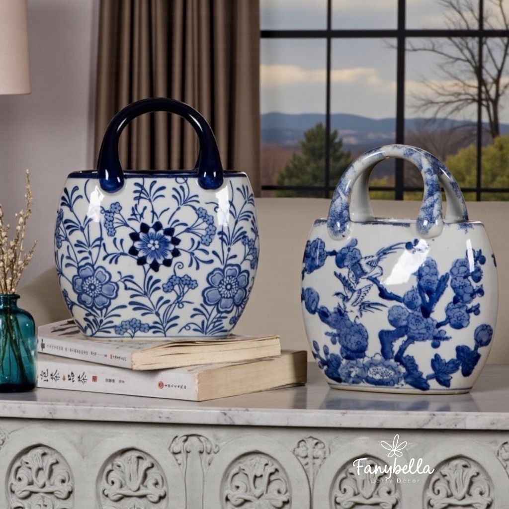 Pajangan Tas Biru Putih Keramik Mewah Dekorasi Rumah