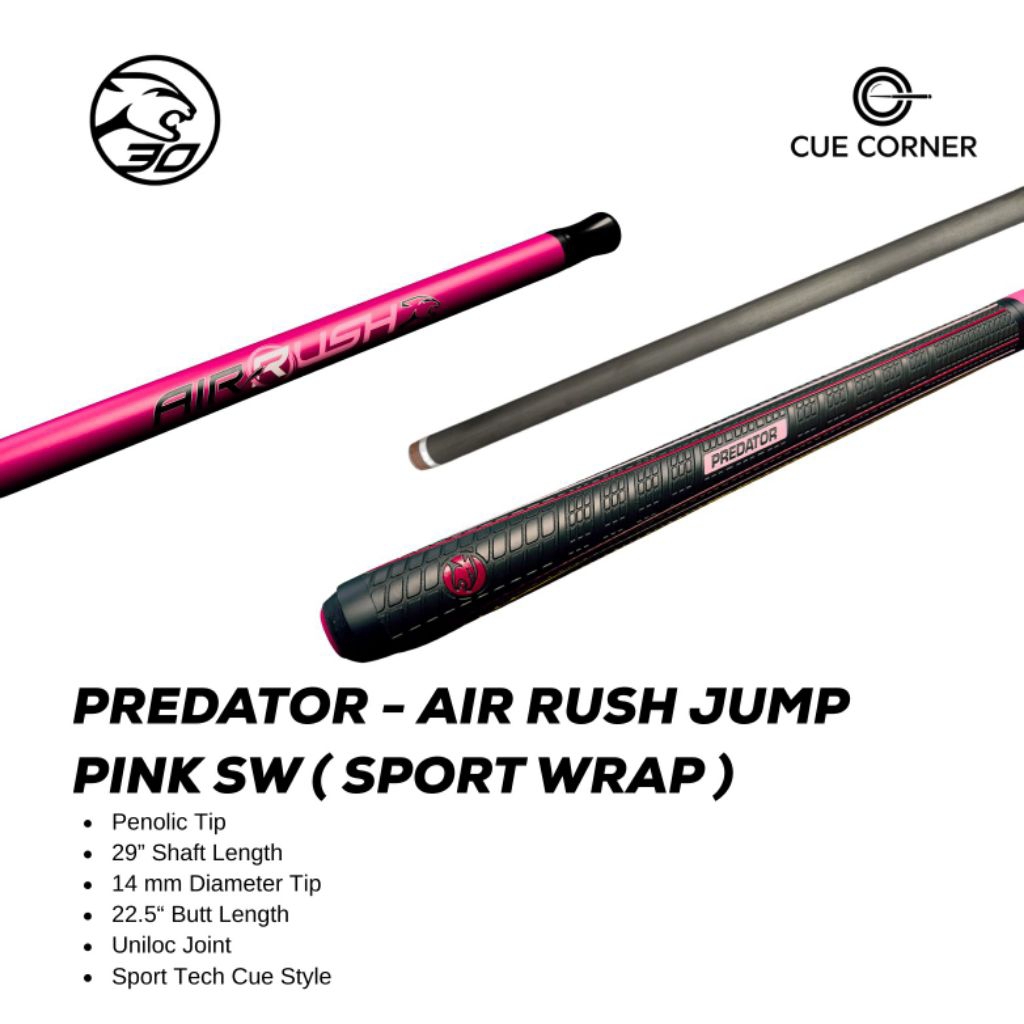 Predator Air Rush Pink Sport Wrap Jump Cue - Stik Jump Premium