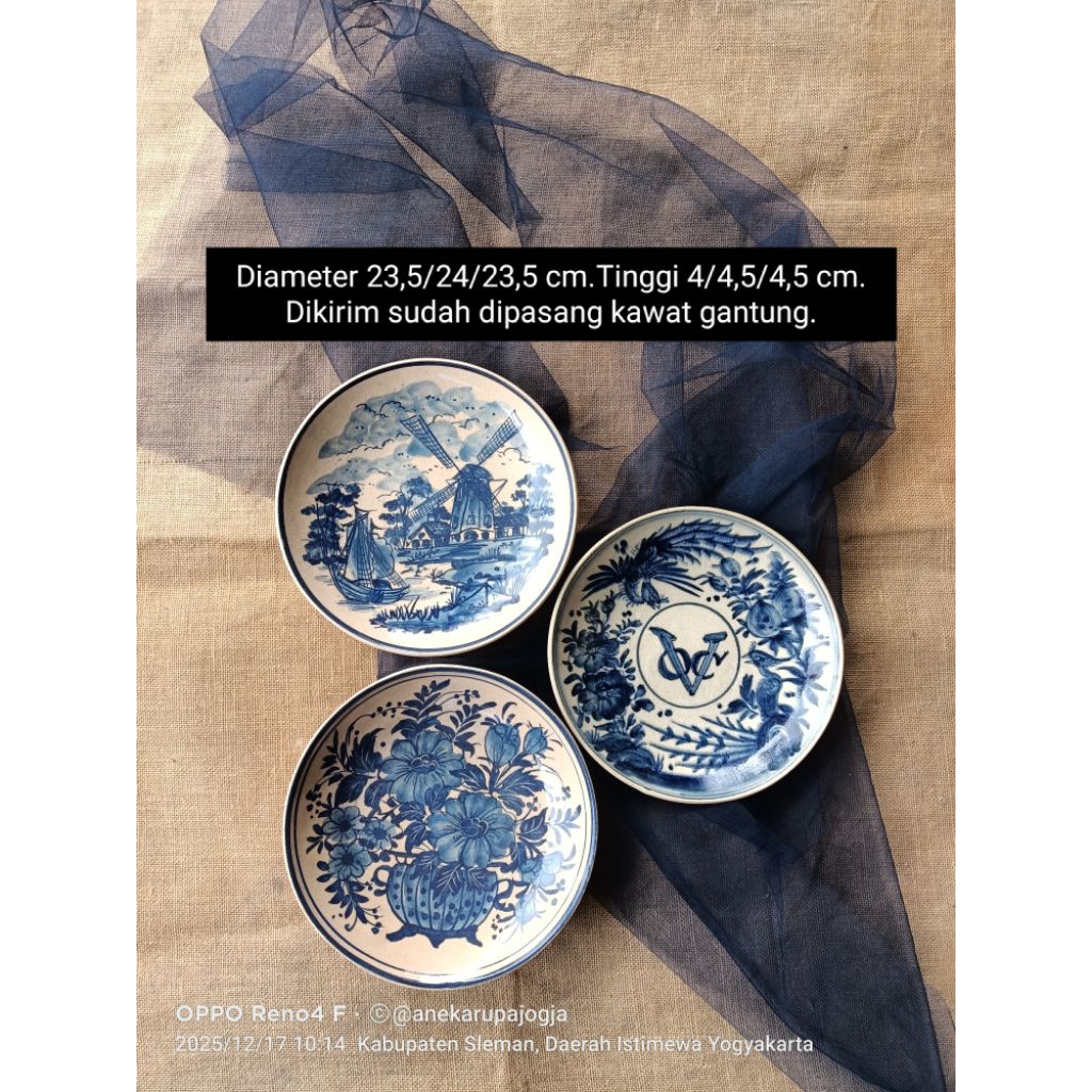 Diameter 24 cm an dan 23 cm an 3 buah piring keramik lukis biru putih gambar holland kincir angin, v