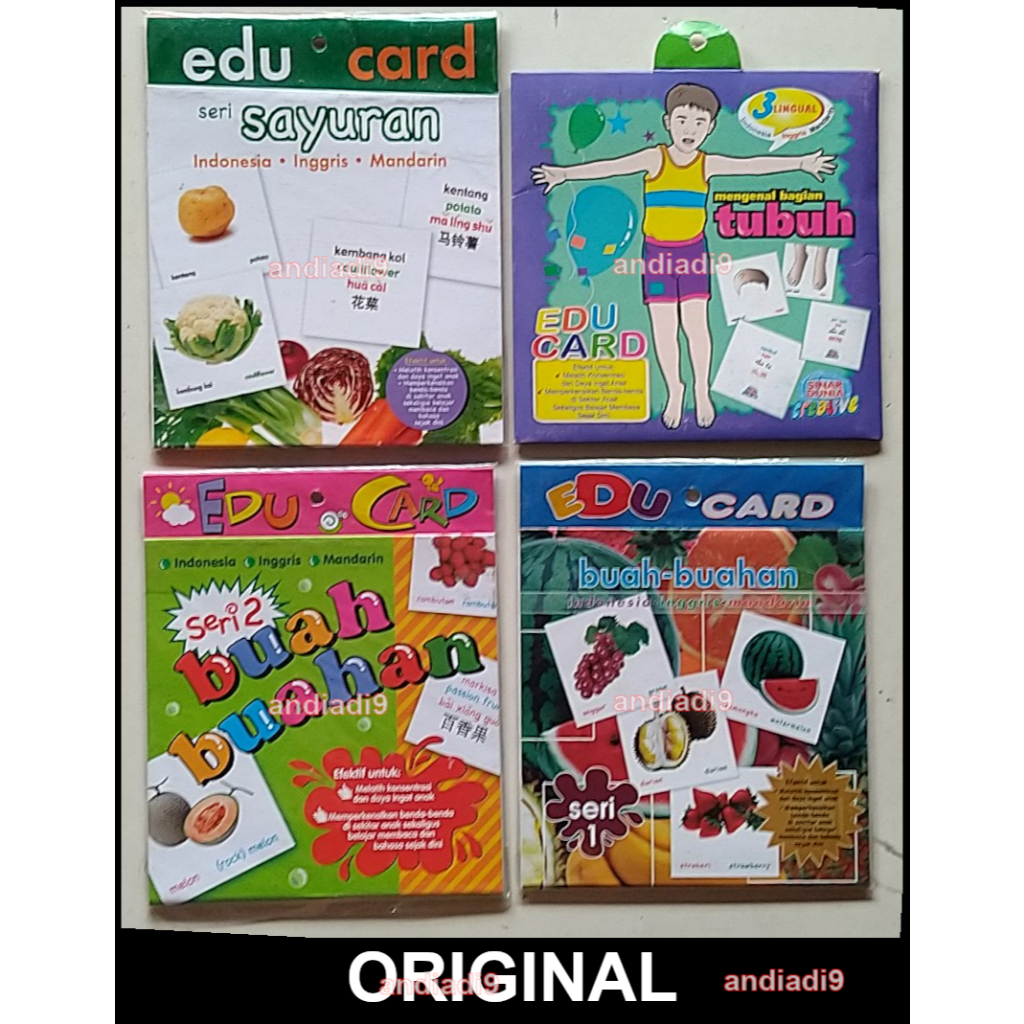 EDU CARD KARTU EDUKASI PENGENALAN FLASH CARD BAHASA INGGRIS MANDARIN INDONESIA BUAH BUAHAN SERI 1- 2