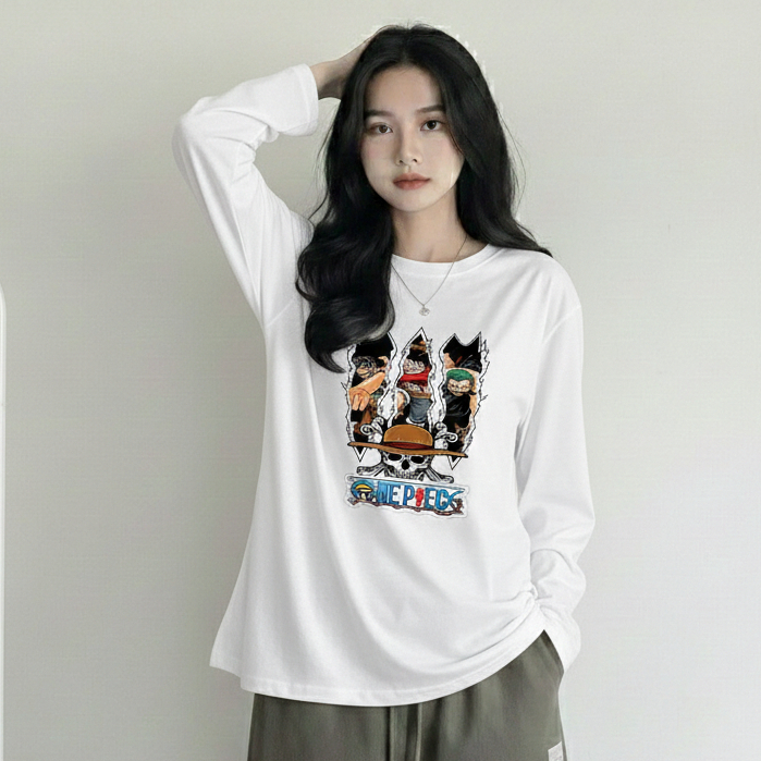 Kaos distro oblong oversize lengan panjang One Piece Three