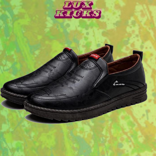 Luxkiicks - Sepatu Slip On Flat Pria Kulit PU Casual Sneakers Running Hitam