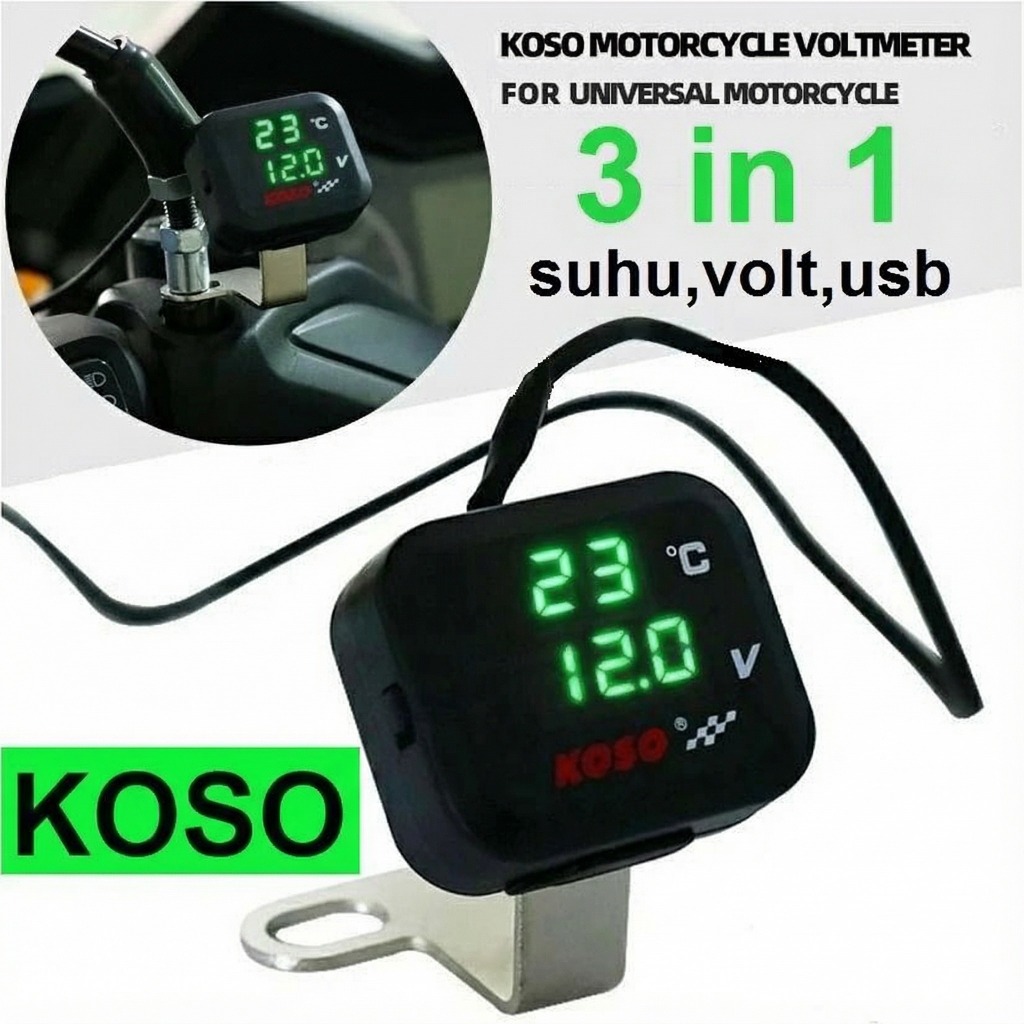 Koso Voltmeter 3in1 Pengukur Alat Ukur Tegangan Aki Suhu Digital Jam dengan USB Charger 12V 24V Wate