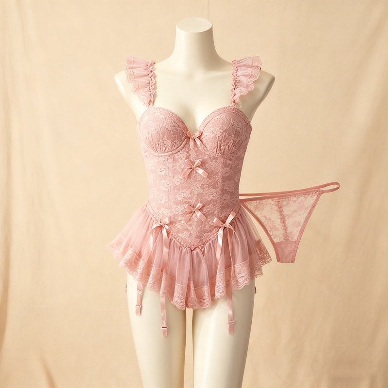 Lingerie Sexy Set Corset Gaun Dalam Wanita Bahan Lace Lembut Warna Pink Baju Haram Dress Seksi