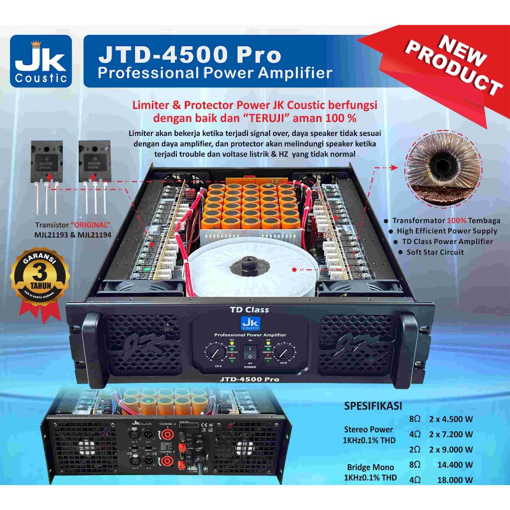 Power Amplifier Class TD Jk coustic JTD 4500 Pro 2x4500 watt