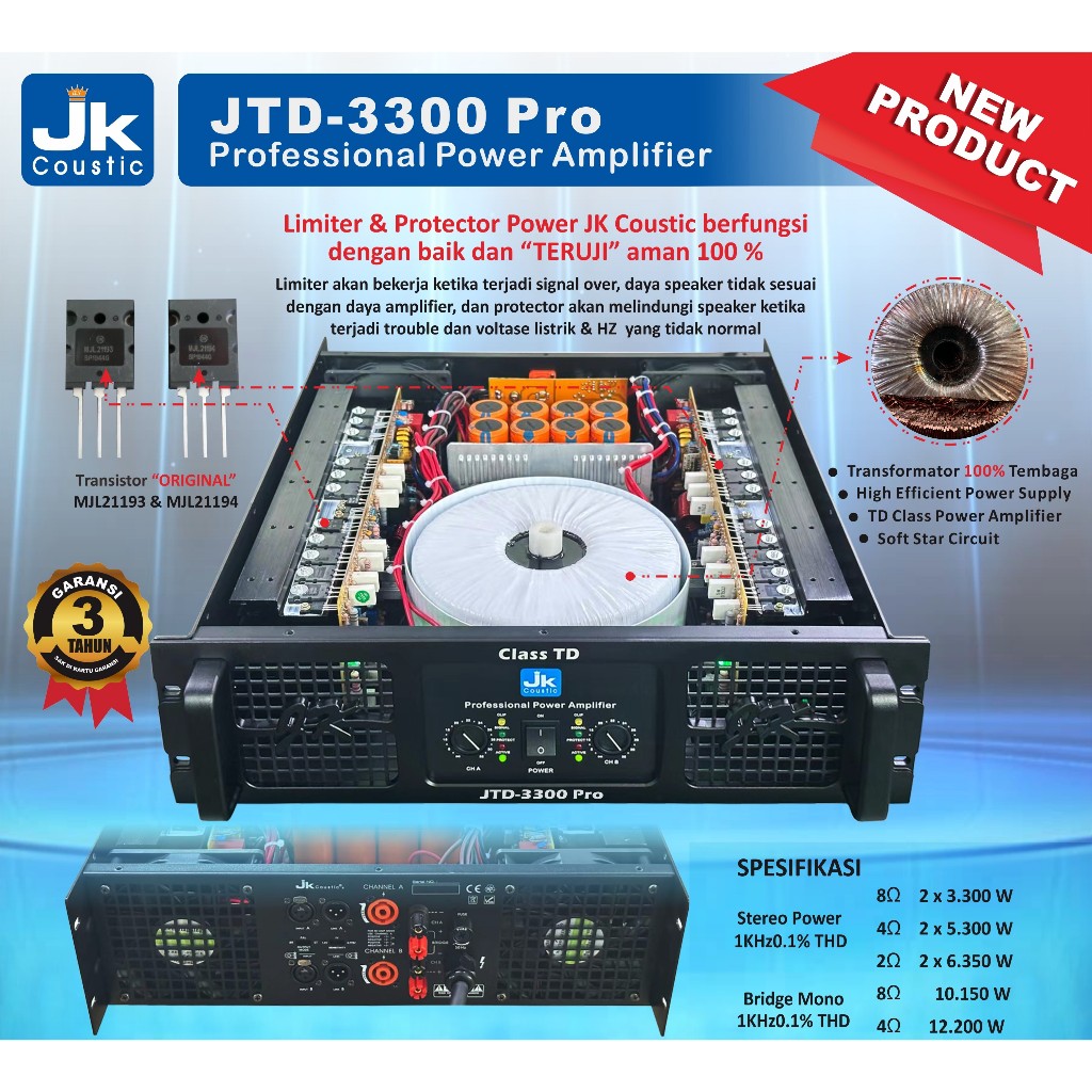 Power Amplifier Class TD Jk coustic JTD 3300 Pro 2x3300 watt