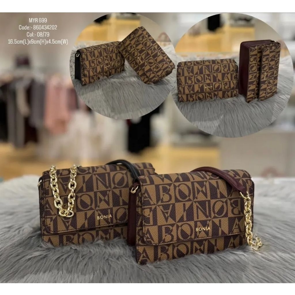 tas bonia original sling bag mini rantai monogram les maroon