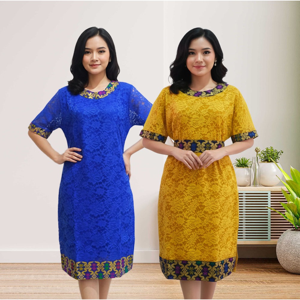 Dress Batik Sherina Brokat Modern - Baju Terusan Wanita Brokat Kombinasi Batik