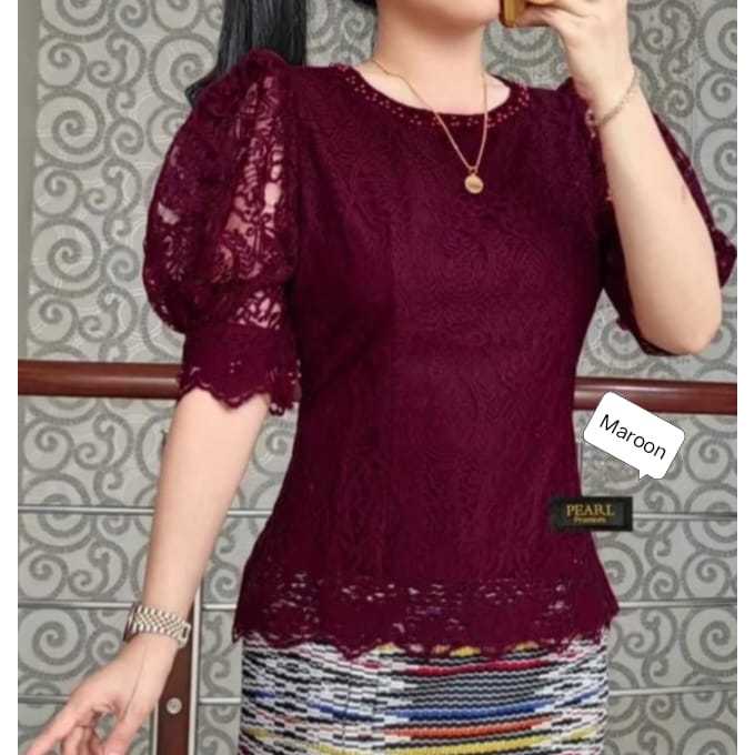 Blouse Renda Brokat - Kebaya Lengan Balon Modern Leher Bulat Tangan Balon Aplikasi Mutiara/patet