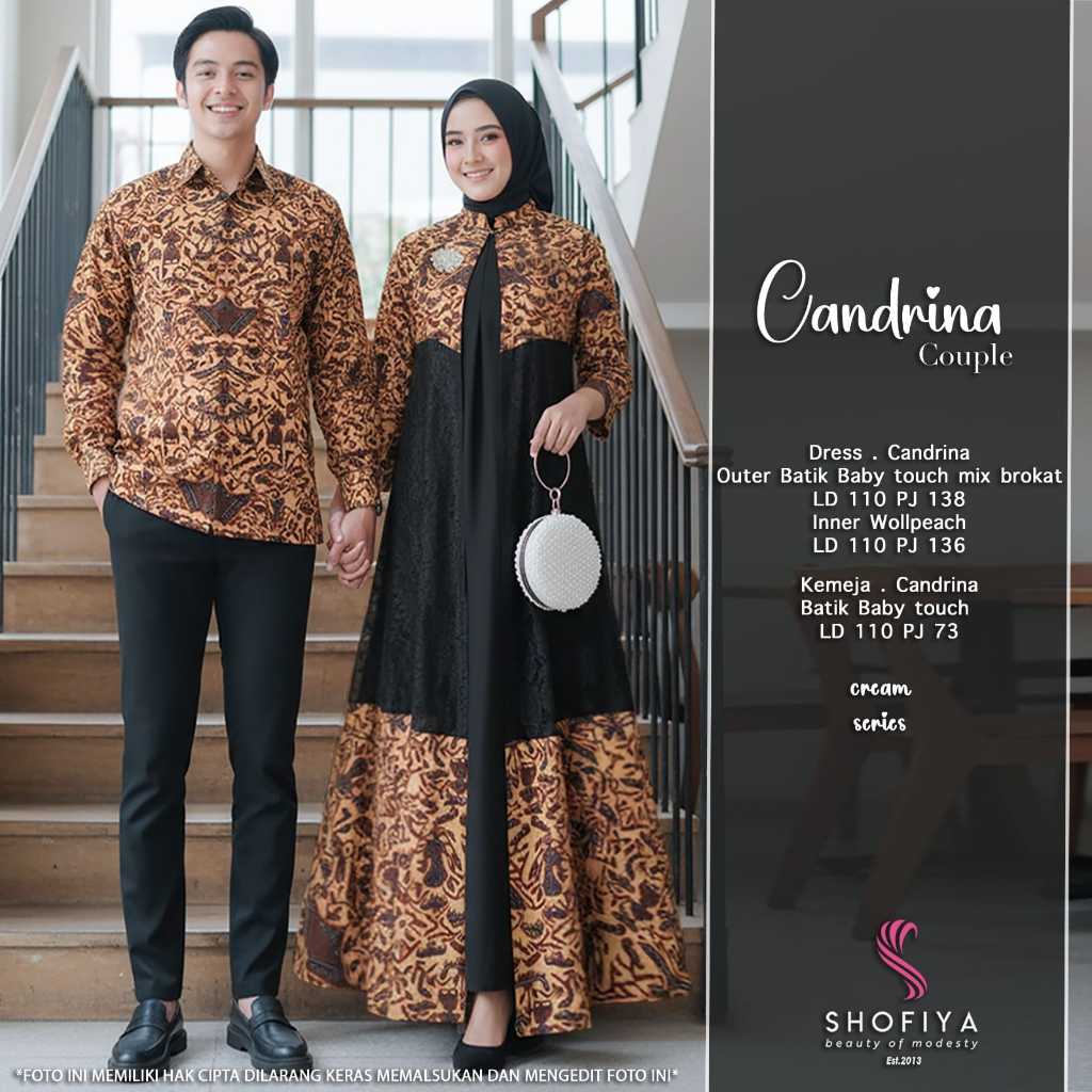 Baju Couple Pasangan Batik Candrina Original SHOFIYA Gamis Outer Brokat Mix Wollpeach Kemeja Lengan 