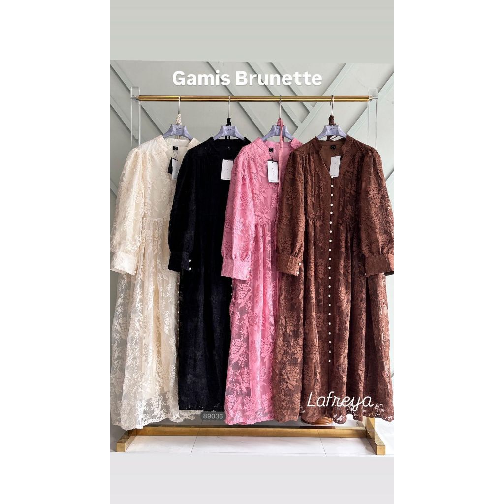 Orenji Gamis LFY LAFERYA Brunette brukat kancing seribu Kondangan Muslim Panjang Wanita Lebaran Dres