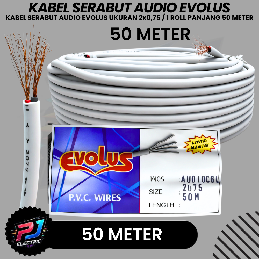 Evolus Kabel Serabut Audio 2x0.75 Warna Putih Audio Cable Fleksibel Evolus 1 Roll 50 METER Original.